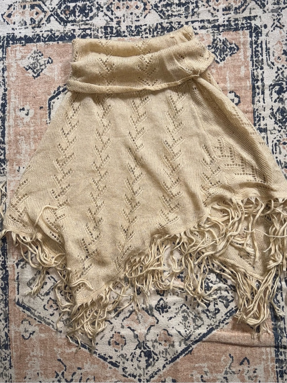 Max Studio Cream Knit Fringe Poncho